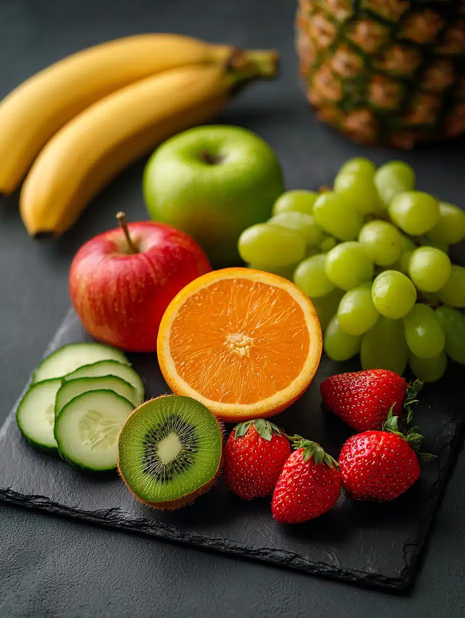 Fresh fruits used in a 3-Day Smoothie Cleanse including kiwi, orange, grapes, and pineapple
