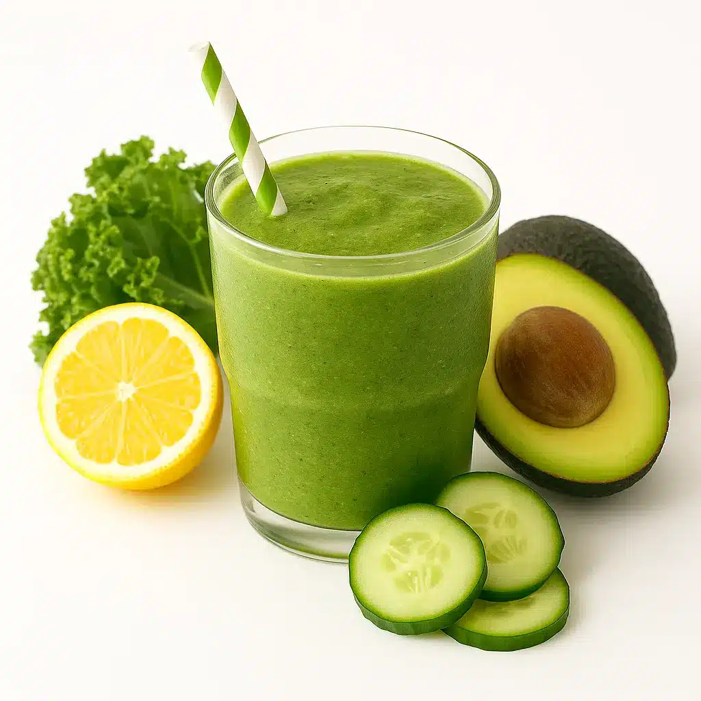 Green detox smoothie with spinach, cucumber, apple, and lemon for detox smoothie recipes