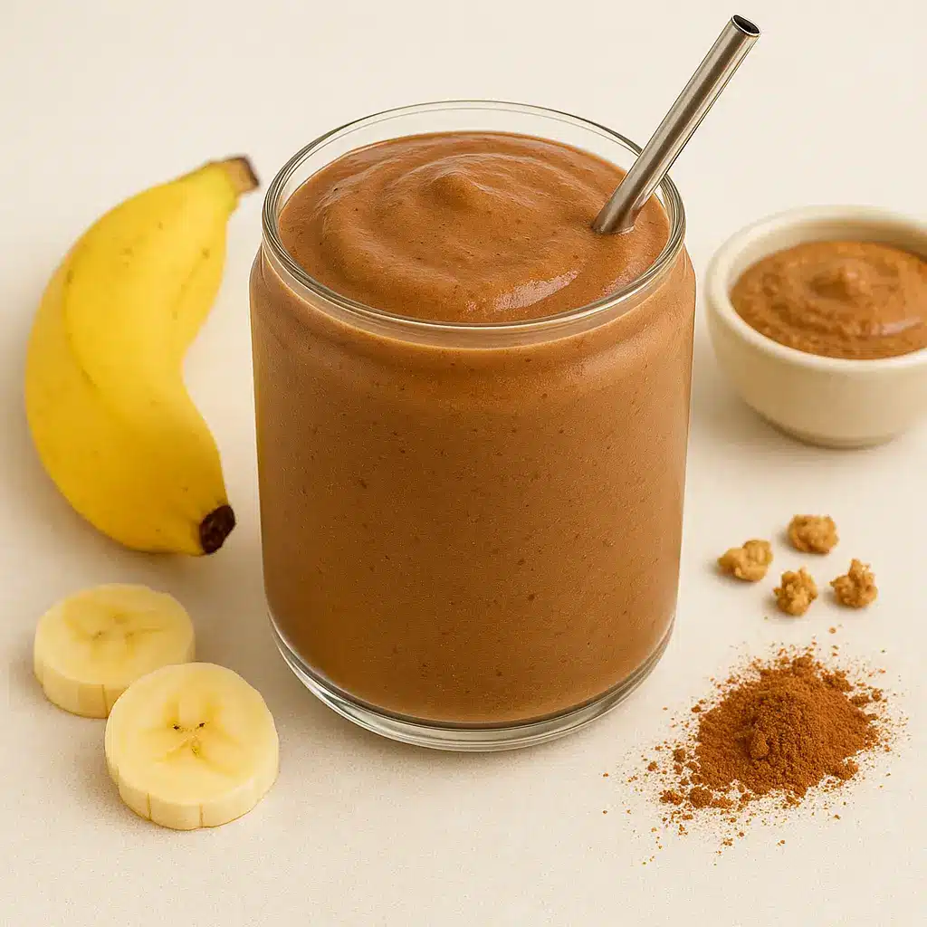 Sugar detox smoothie with banana, cocoa, almond butter, and cinnamon for detox smoothie recipes