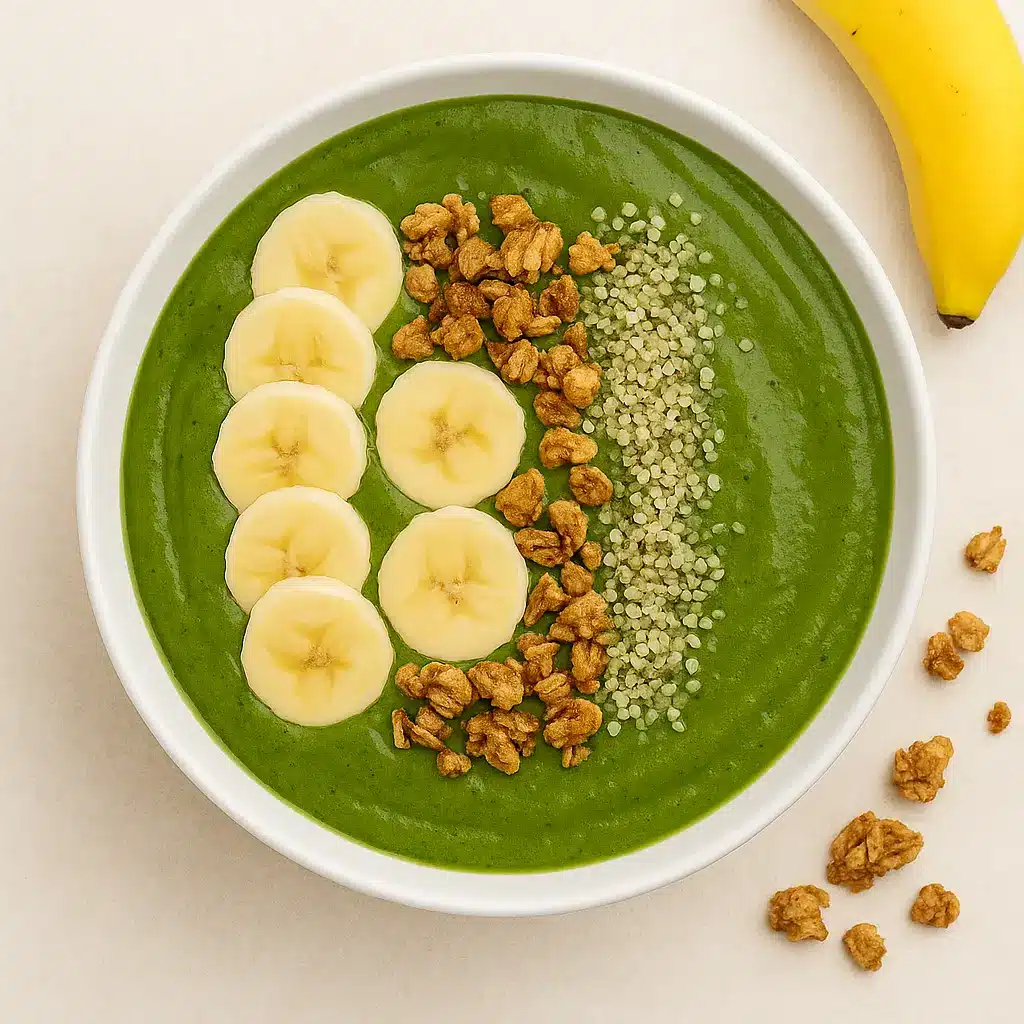Super green smoothie bowl with banana, hemp seeds, and granola for detox smoothie recipes