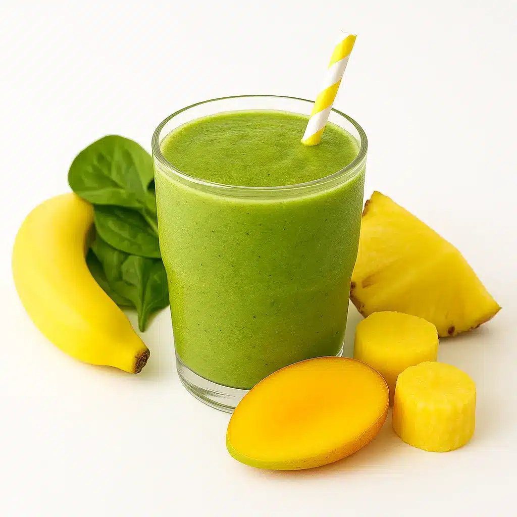 Tropical green smoothie with banana and mango for detox smoothie recipes