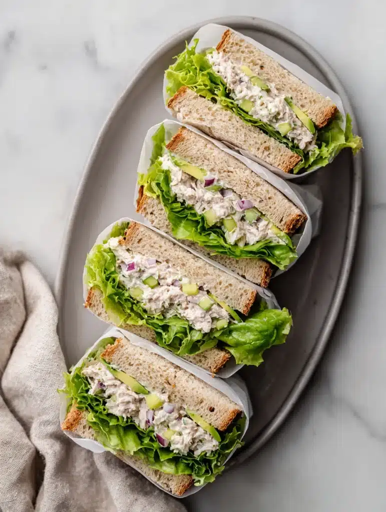 Overhead view of four avocado tuna salad sandwich halves on a grey plate