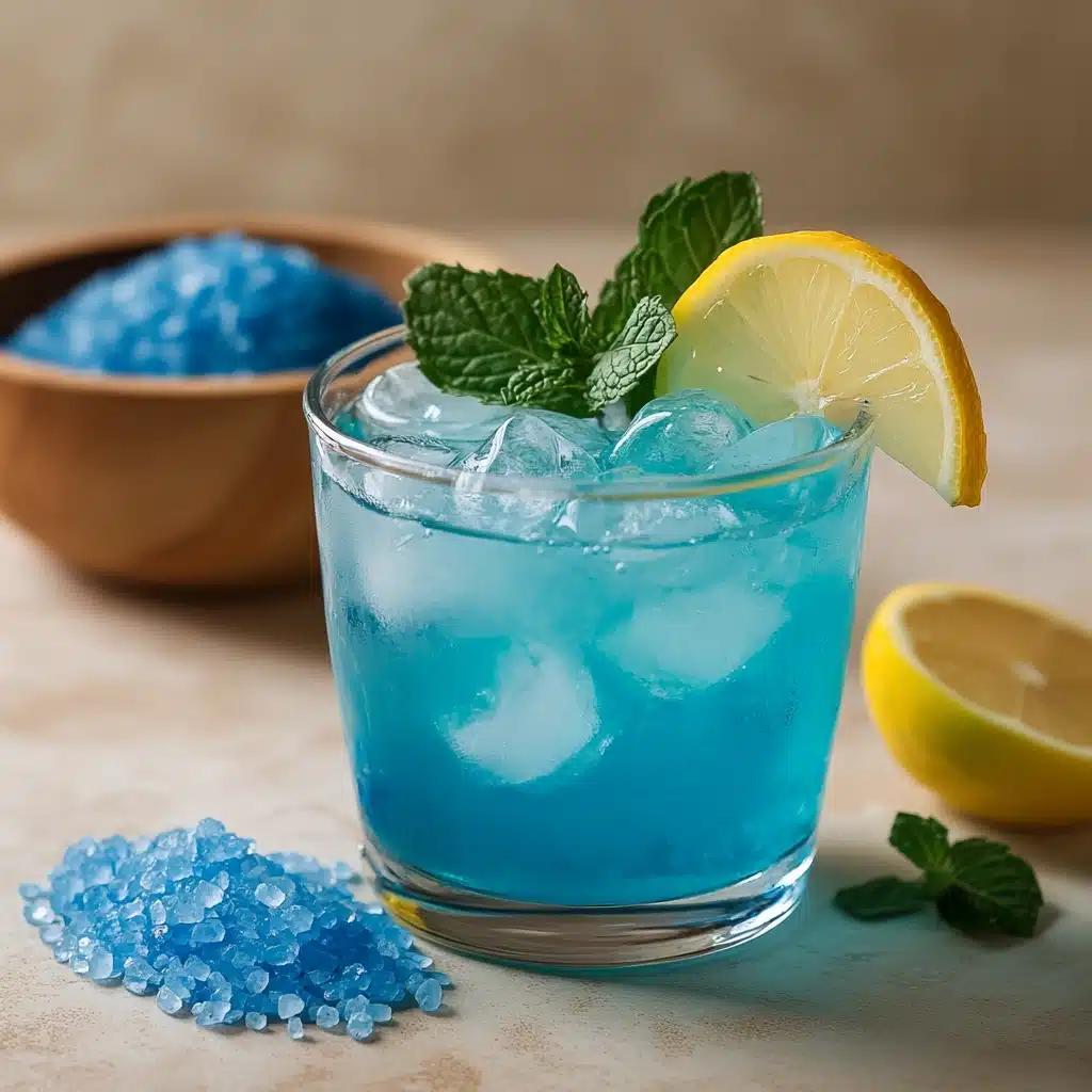 Refreshing blue salt drink with lemon and mint in a glass on beige marble background
