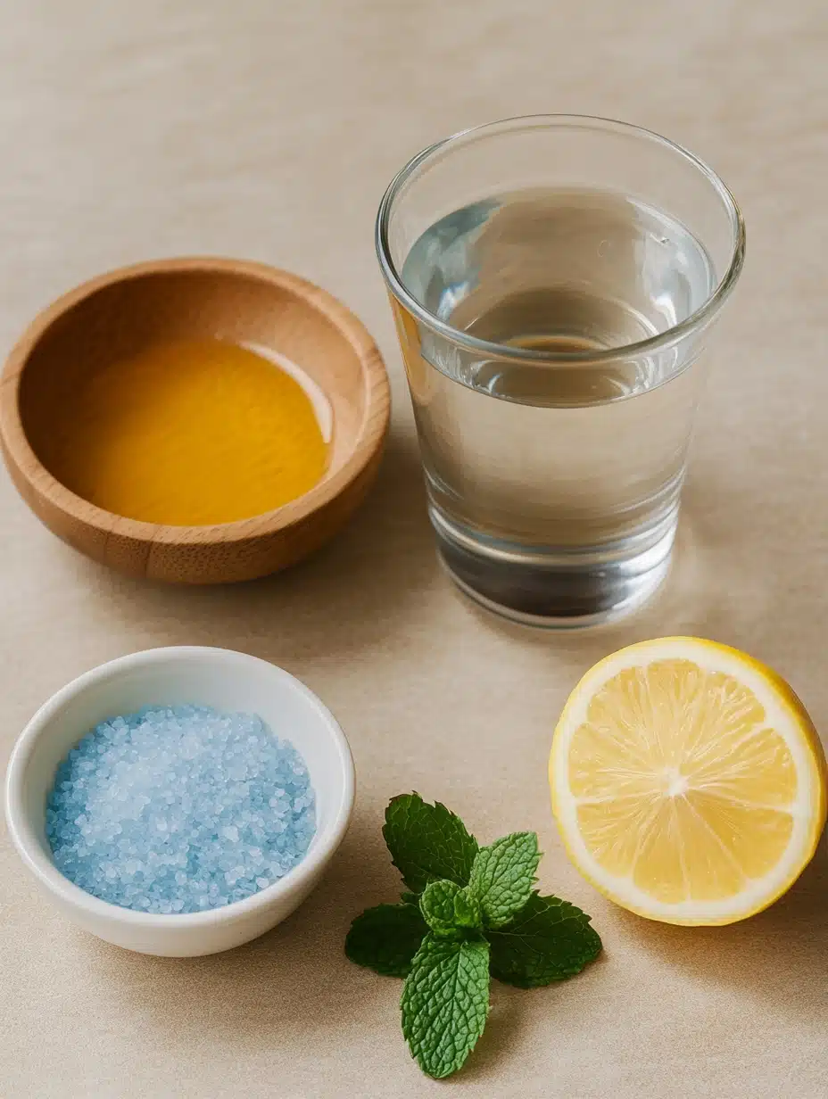 Ingredients for blue salt drink including blue salt, lemon, mint, honey, and water on beige background