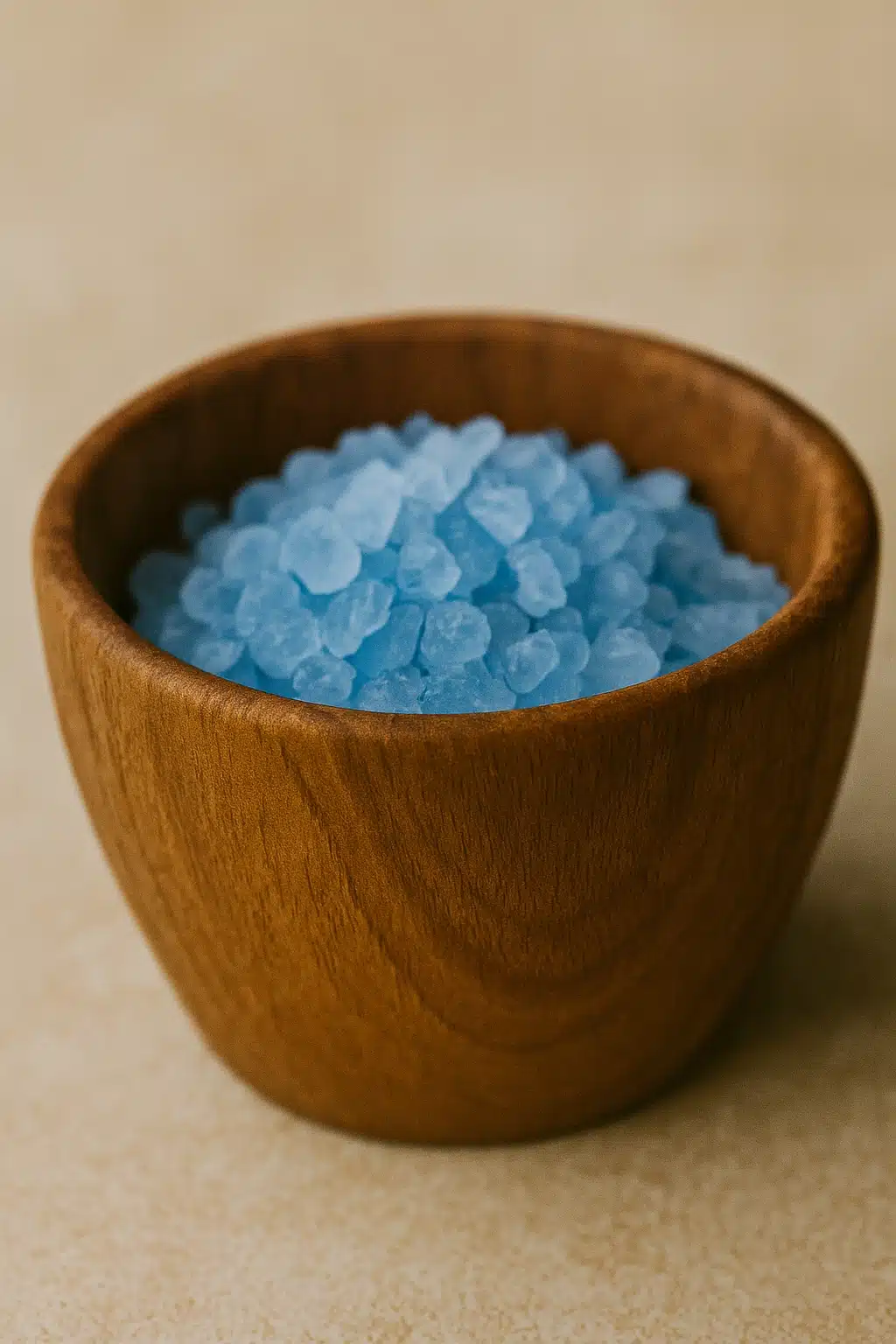 Coarse blue salt crystals in a wooden bowl on rustic wooden background