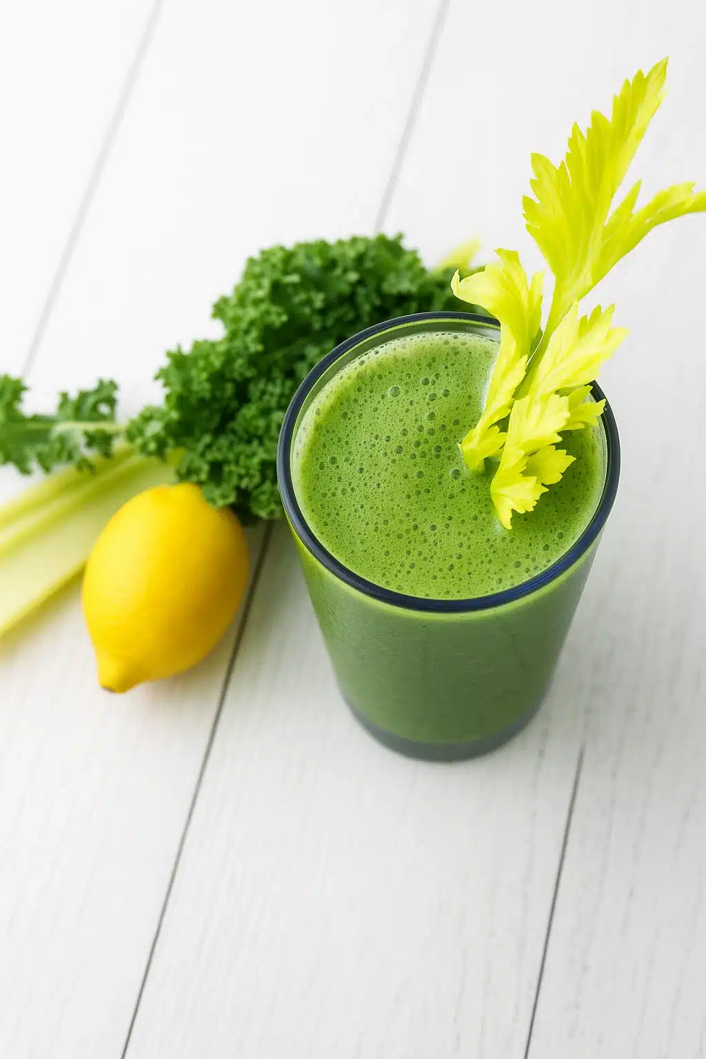 Celery kale lemon smoothie with fresh ingredients top view