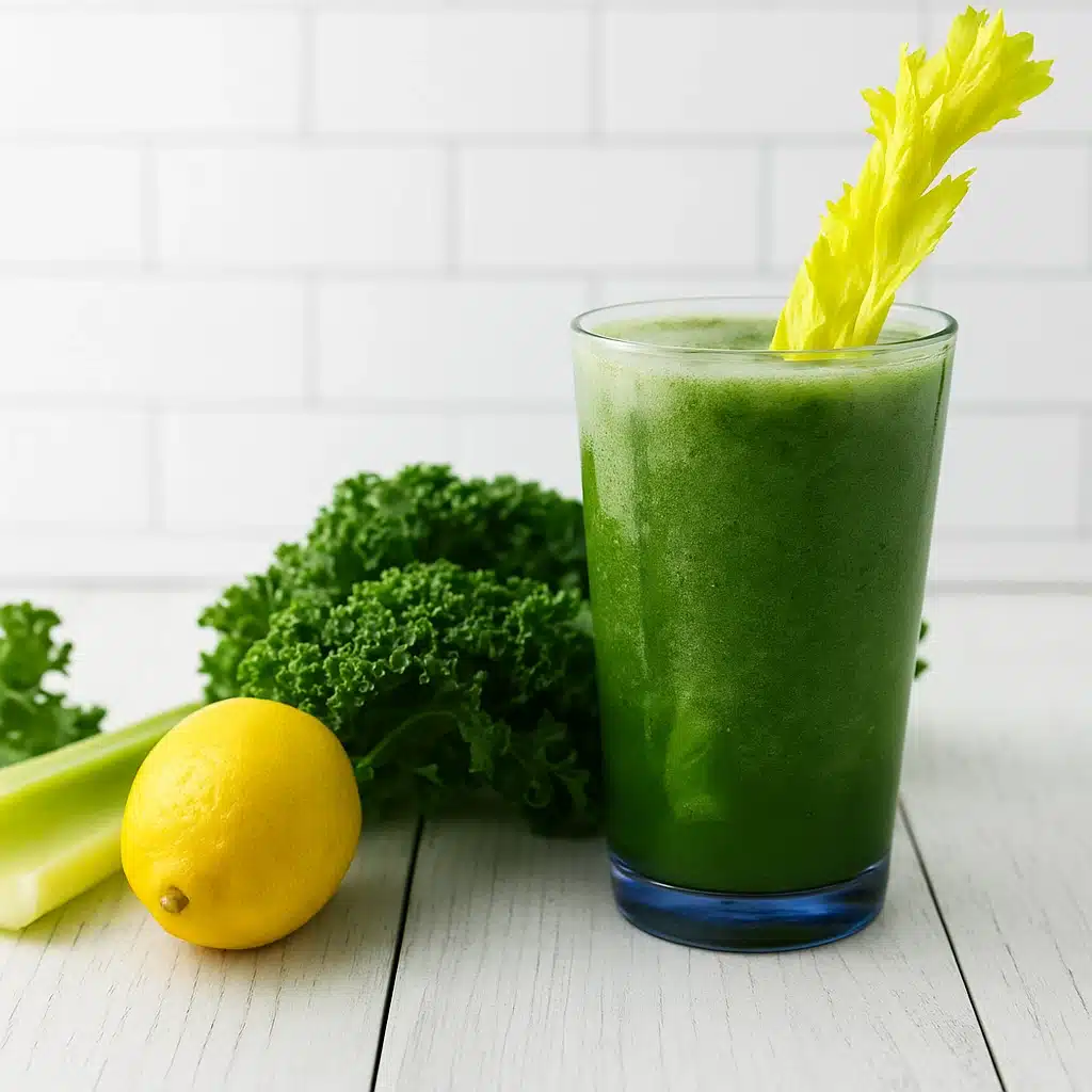 Fresh celery kale lemon smoothie with lemon and kale on white background