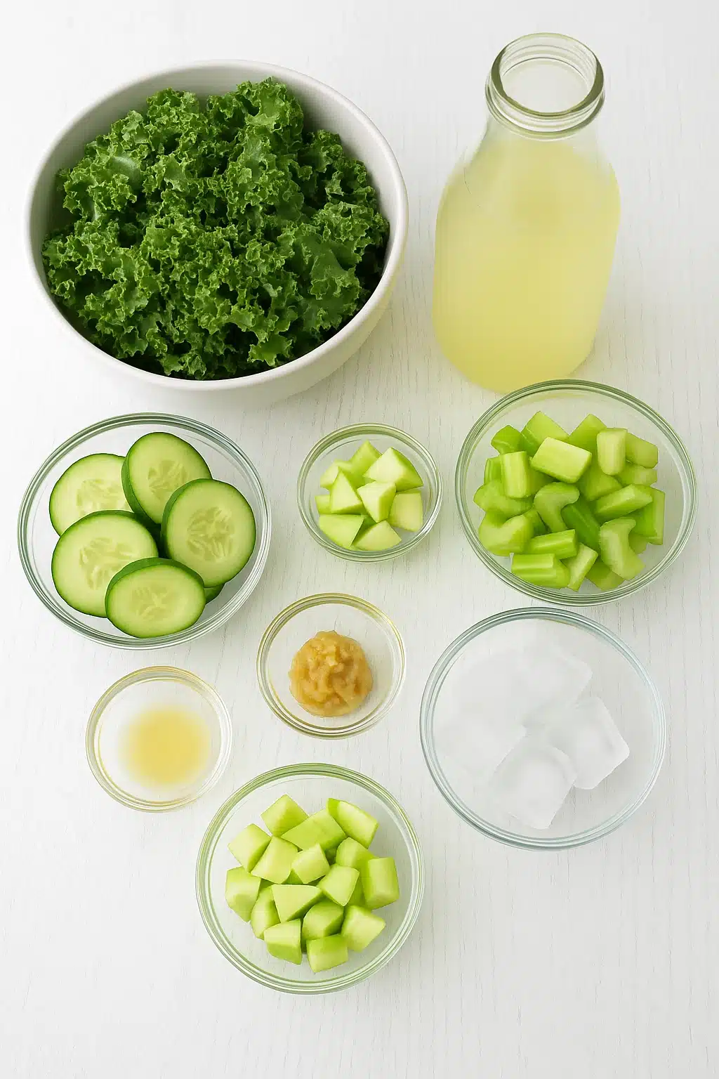 Flat lay of celery kale lemon smoothie ingredients