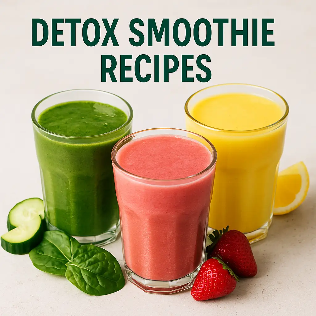 Three detox smoothie recipes with green, red, and yellow smoothies in glasses