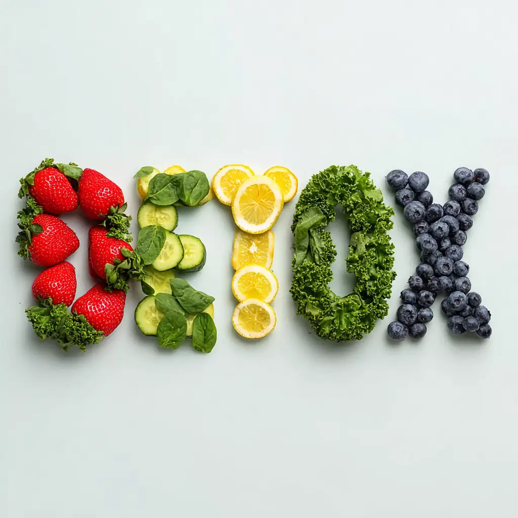 DETOX spelled with fresh fruits and veggies representing detox smoothie recipes