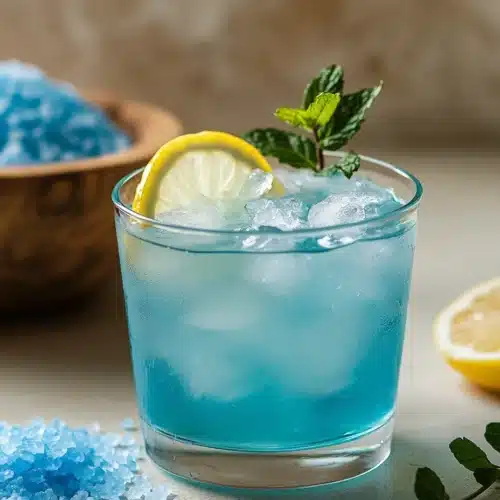 Blue salt drink with lemon and mint in a glass on beige marble background