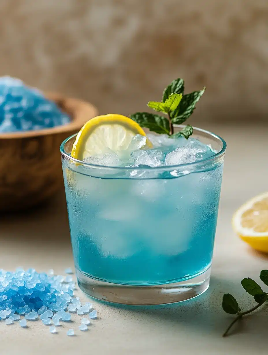 Icy blue salt drink with lemon and mint in a glass on white stone with blue salt crystals