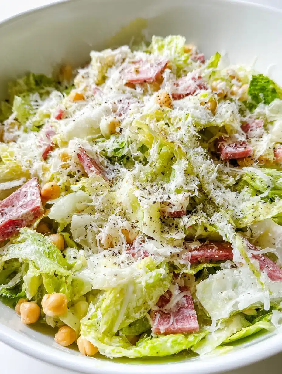 Copycat La Scala Chopped Salad in a white bowl with iceberg lettuce, turkey salami, chickpeas, shredded cheese, and grated parmesan.