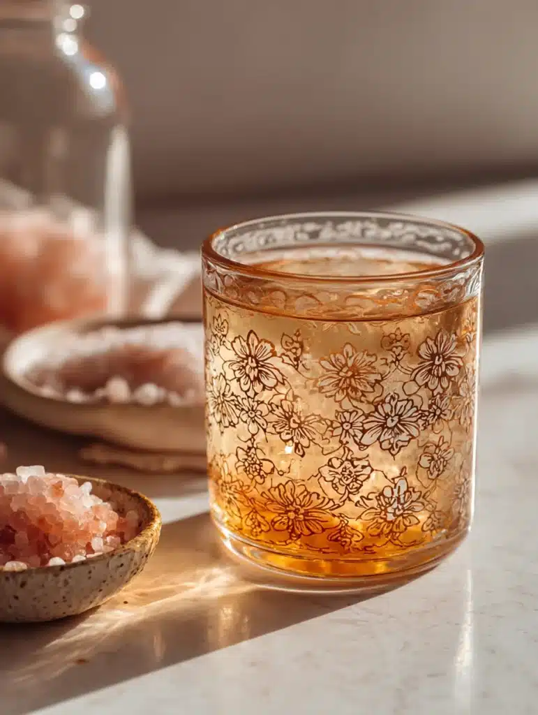 Completed pink salt trick recipe drink with honey and lemon in floral etched glass on sunlit countertopé