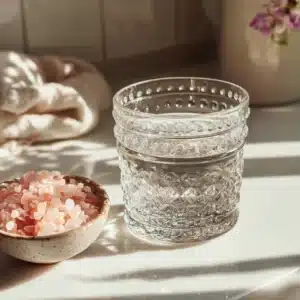 Glass of filtered water and bowl of Himalayan pink salt for pink salt trick recipe in morning light