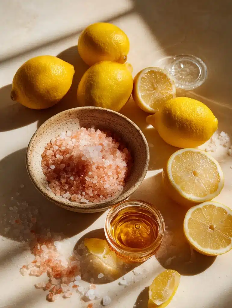 Flat lay of pink salt trick recipe ingredients including Himalayan salt, lemons, and honey on a light background