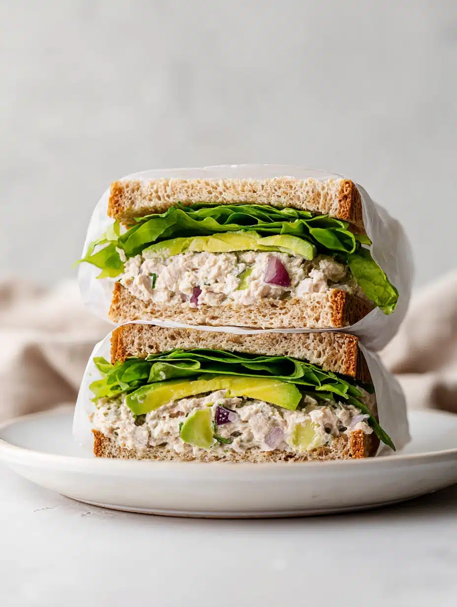 Vertical stack of avocado tuna salad sandwich halves with lettuce and whole wheat bread