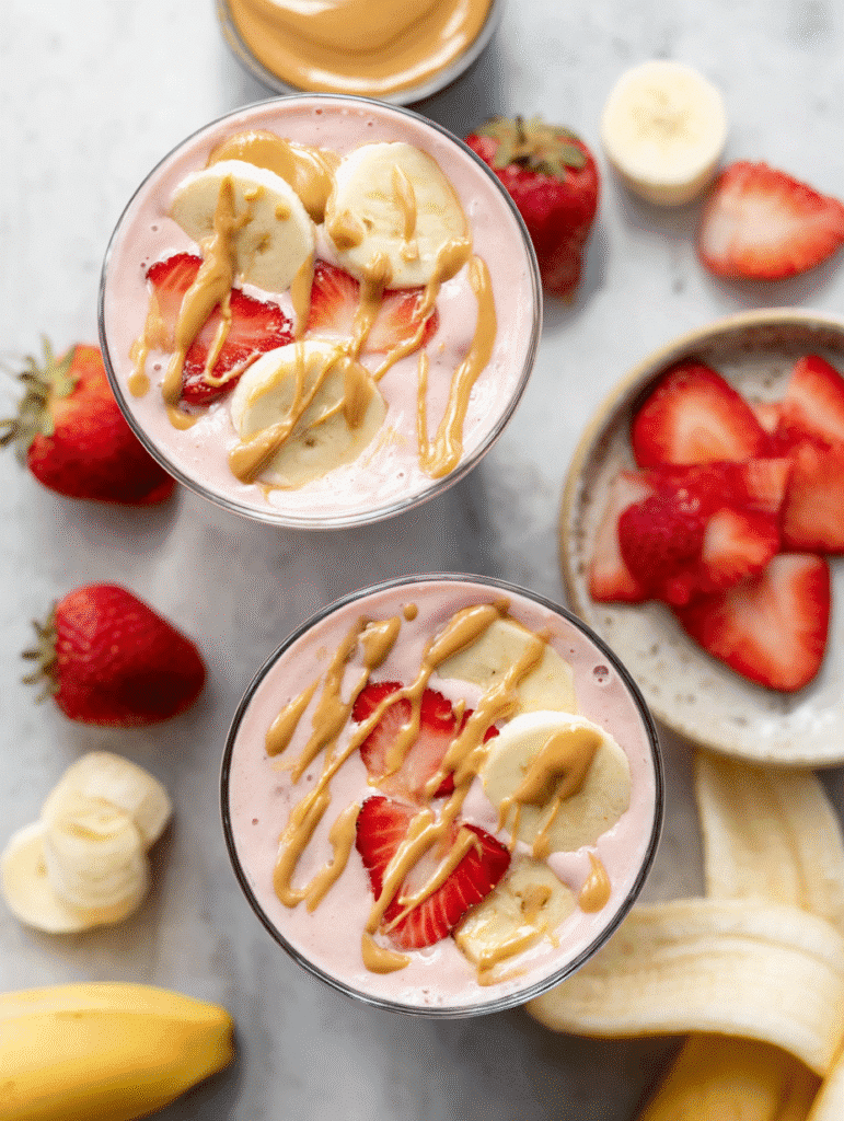 Two strawberry peanut butter smoothie glasses topped with fruit and peanut butter drizzle.
