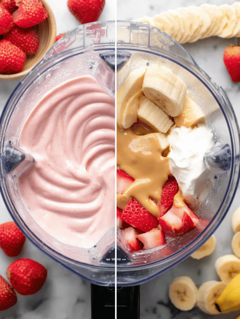 Strawberry peanut butter smoothie shown before and after blending in a blender.
