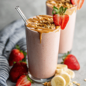 Strawberry peanut butter smoothie topped with banana, strawberries, peanut butter, and granola.