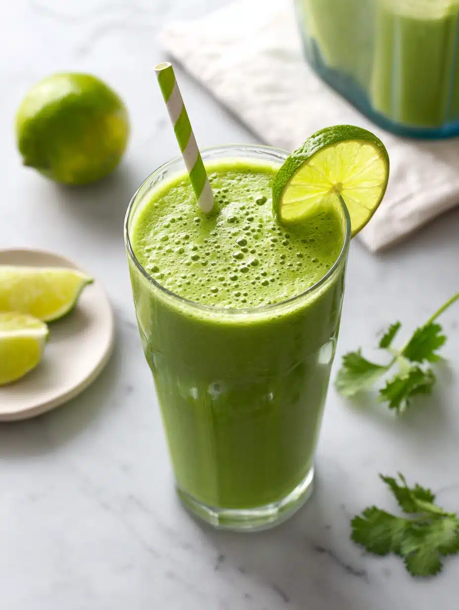 Tall glass of sugar detox smoothie with lime slice and cilantro on marble background