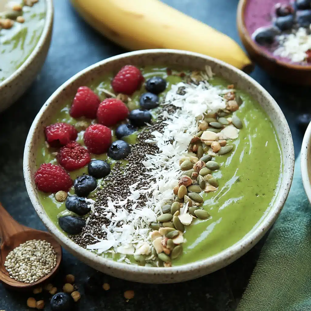 Super green smoothie bowl with toppings and fruit