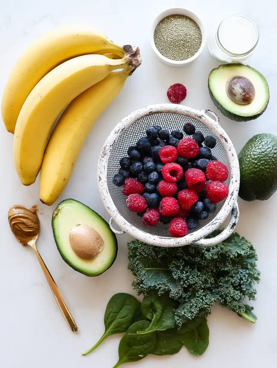 Super green smoothie bowl ingredients on white background