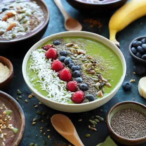 Topped super green smoothie bowl with berries and seeds