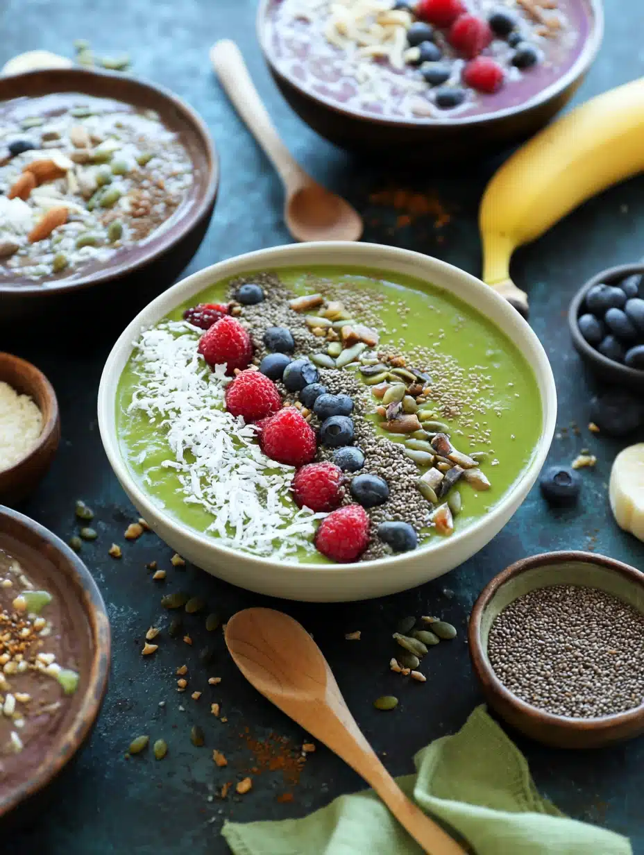 Topped super green smoothie bowl with berries and seeds