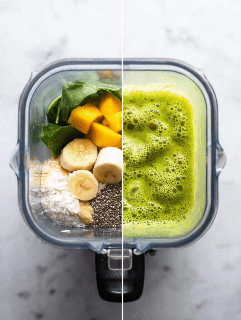 Before and after of tropical green smoothie ingredients blended in a glass blender.