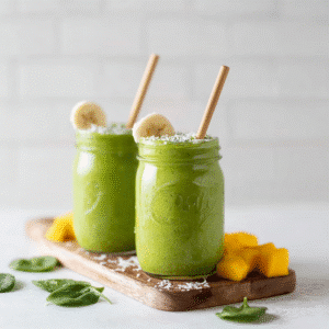 Tropical green smoothie in mason jars with banana slices and bamboo straws.
