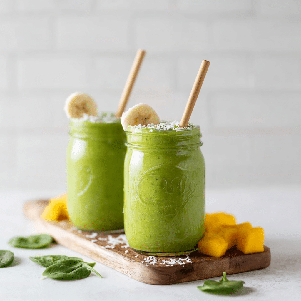 Tropical green smoothie in mason jars with banana slices and bamboo straws.