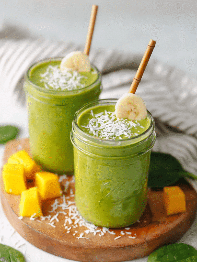 Tropical green smoothies topped with shredded coconut and banana slices.