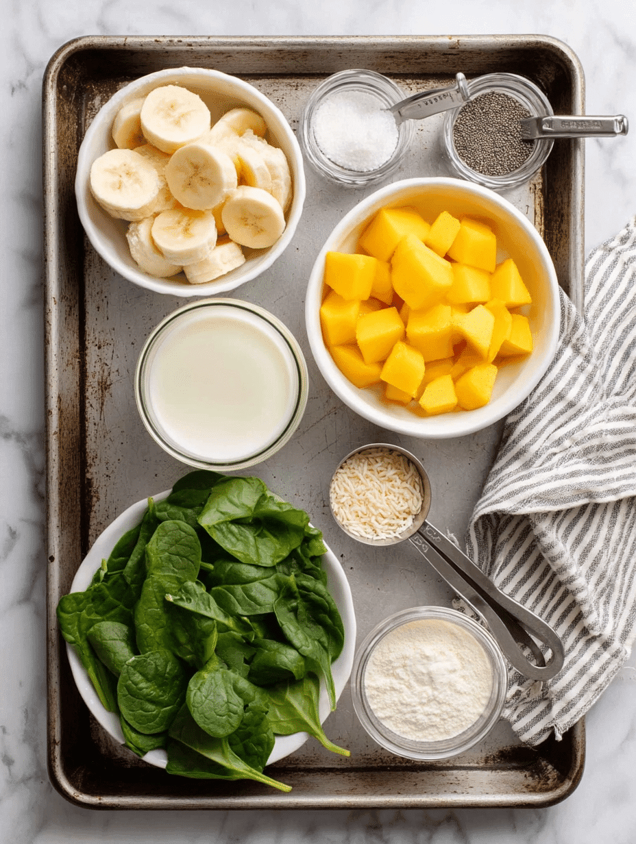 Tropical green smoothie ingredients arranged in bowls on a baking tray.