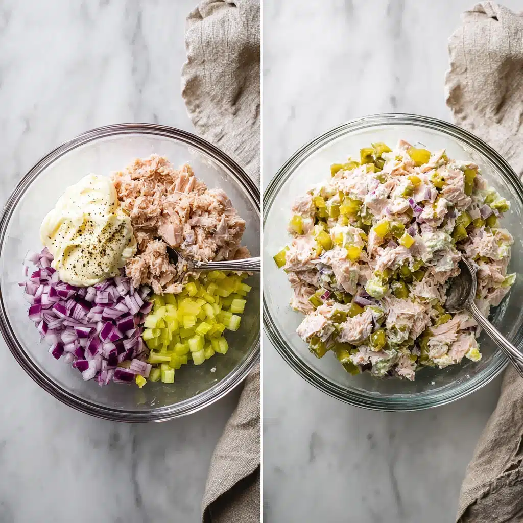 Step-by-step avocado tuna salad sandwich preparation with fresh ingredients and mixed result in glass bowls
