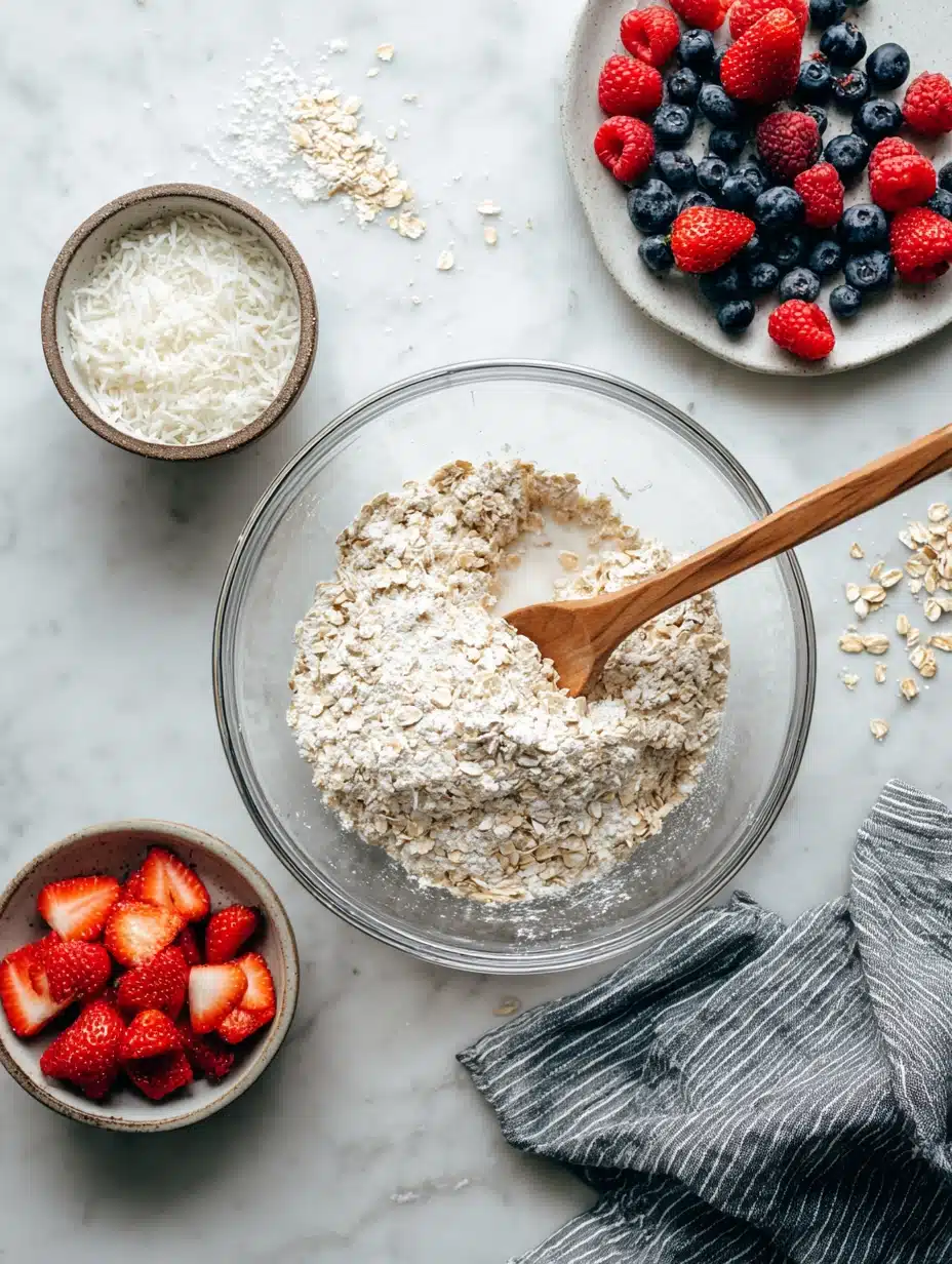 Mixing oats for baked oatmeal with berries and fresh ingredients