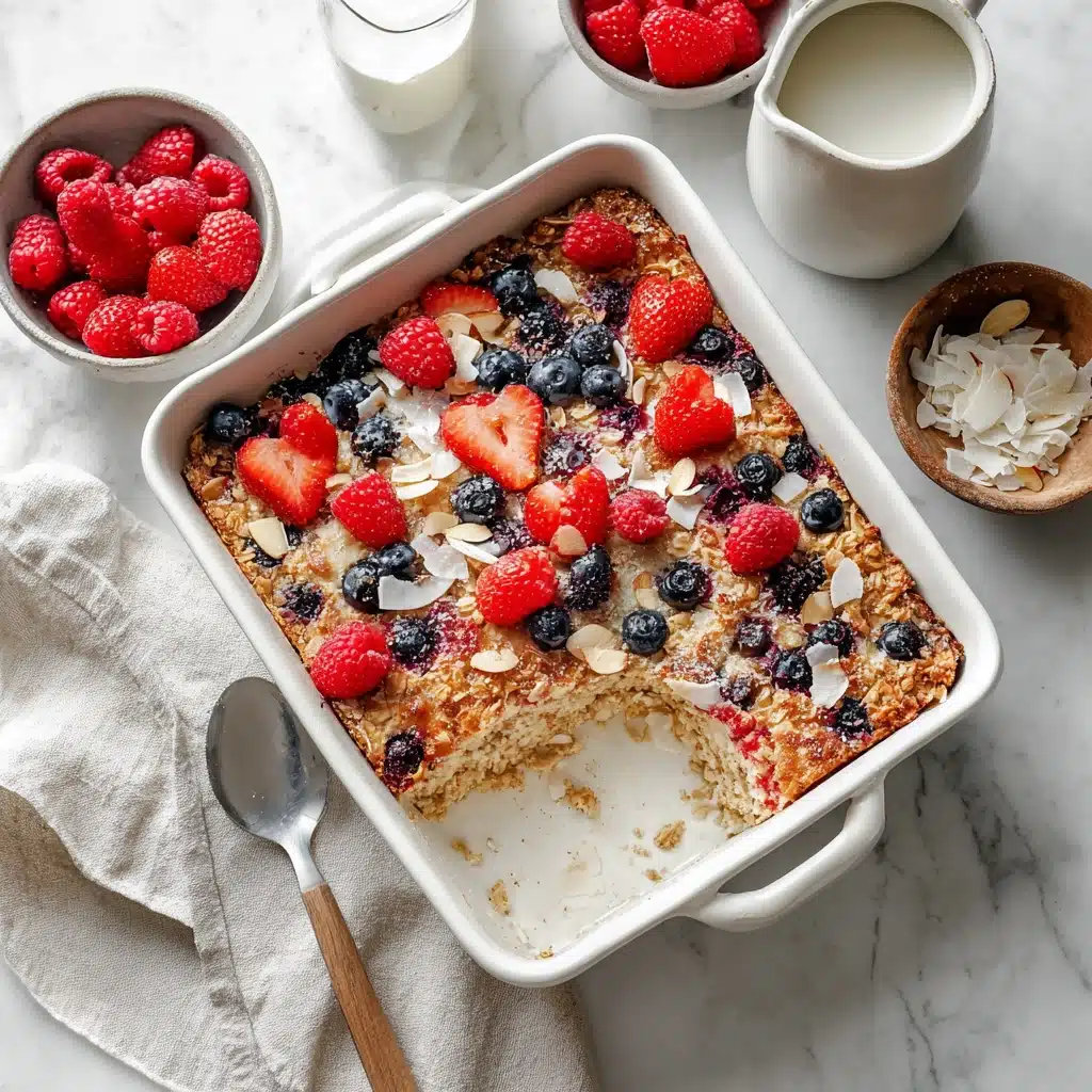 Baked oatmeal with berries in a white ceramic dish with fresh fruit and coconut