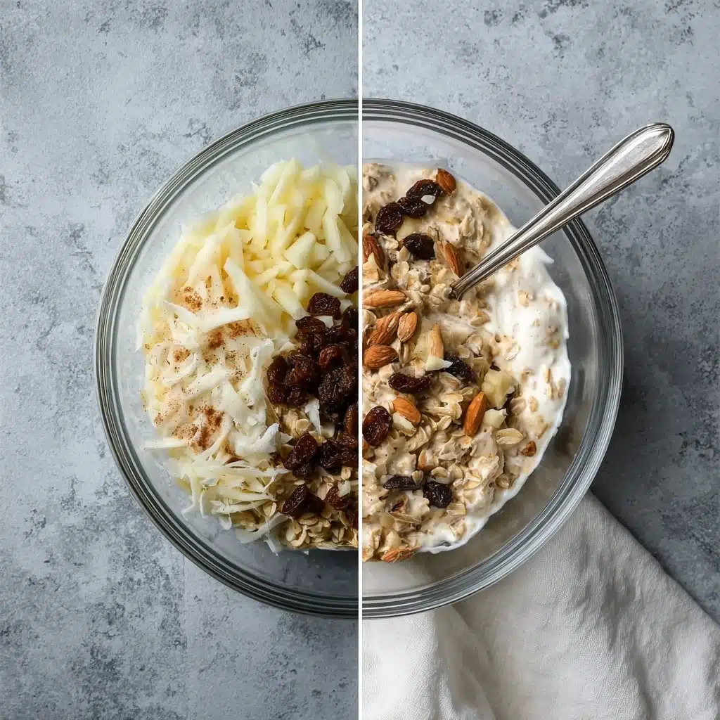 Split image of Bircher Muesli recipe ingredients before and after mixing in a clear glass bowl