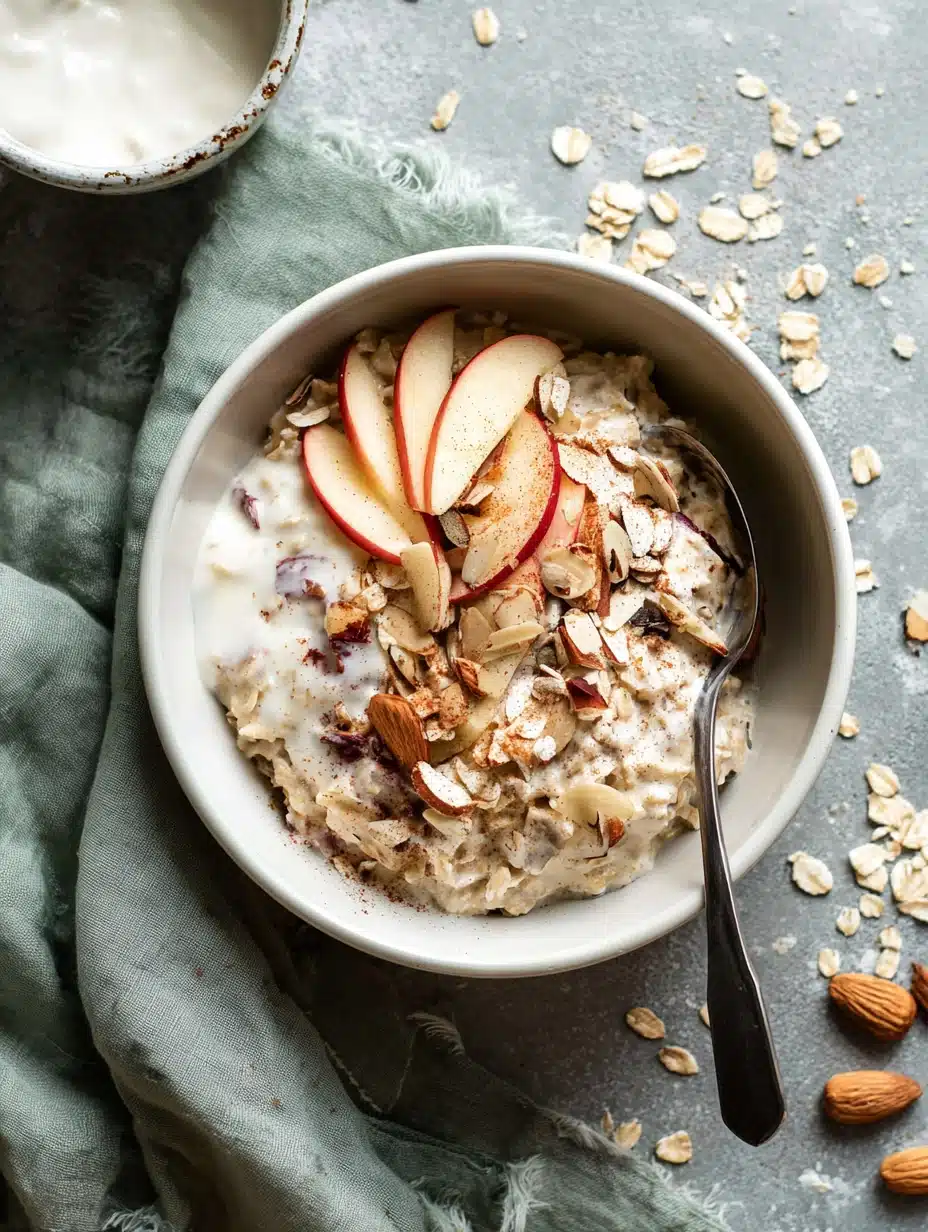 Top-down view of Bircher Muesli recipe served with yogurt, apples, and almonds on a napkin
