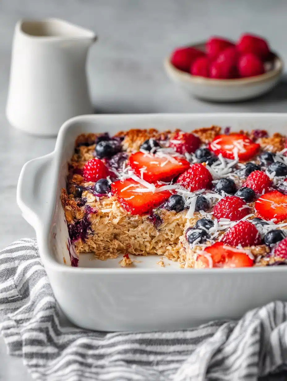 Close-up of baked oatmeal with berries and coconut in white ceramic dish