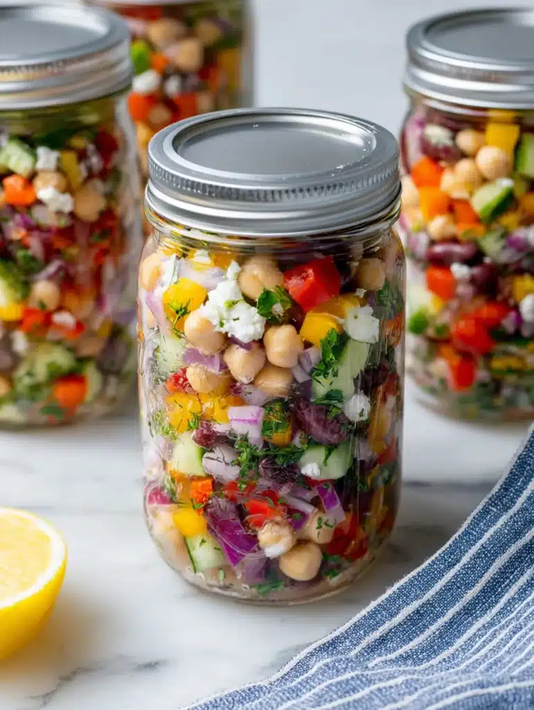 Close-up of dense bean salad in a sealed mason jar with fresh vegetables and feta