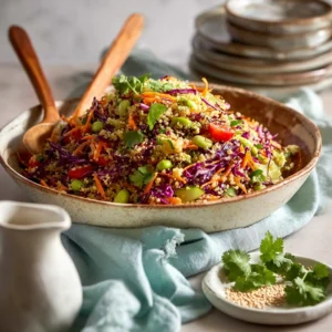 Favorite Quinoa Salad with colorful vegetables and edamame in a rustic bowl