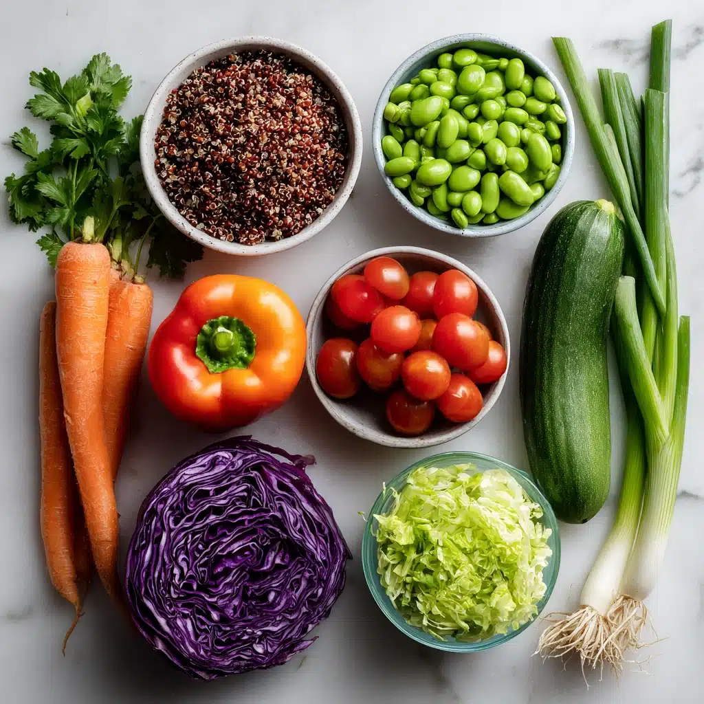 Favorite Quinoa Salad raw ingredients flat lay on white background