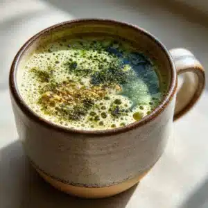 Japanese Mounjaro recipe with frothy green matcha broth in a rustic ceramic mug topped with sesame and seaweed