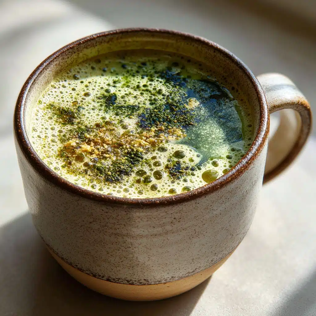 Japanese Mounjaro recipe with frothy green matcha broth in a rustic ceramic mug topped with sesame and seaweed