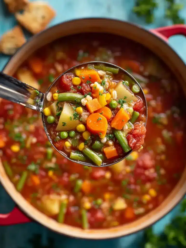 Ladle full of vegetable barley soup recipe held above a red Dutch oven