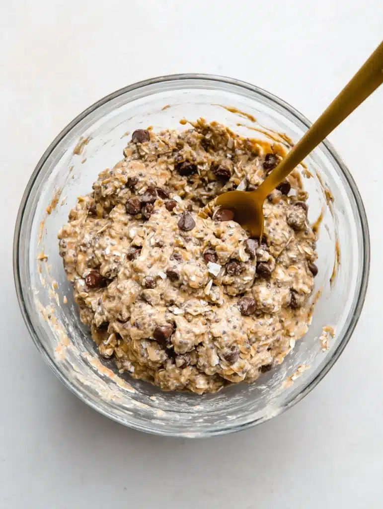 Glass mixing bowl filled with oatmeal chia cookie dough mixture with oats, chocolate chips, and chia seeds.