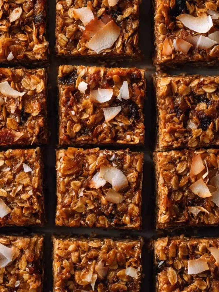 Close-up of peanut butter oat breakfast bars topped with toasted coconut and sea salt