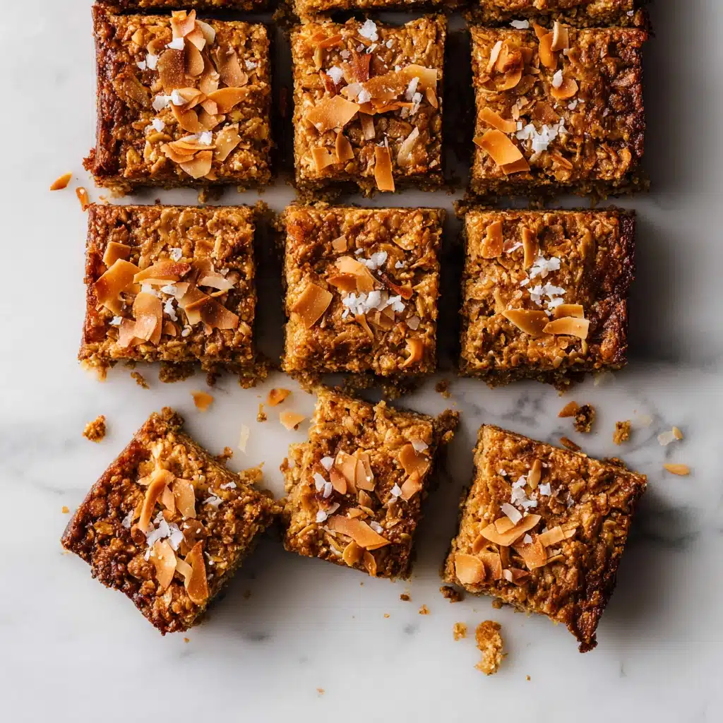 Peanut butter oat breakfast bars topped with toasted coconut flakes and sea salt on marble background