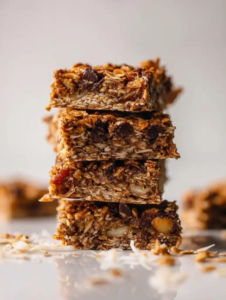 Stack of chewy peanut butter oat breakfast bars with nuts and coconut on white surface
